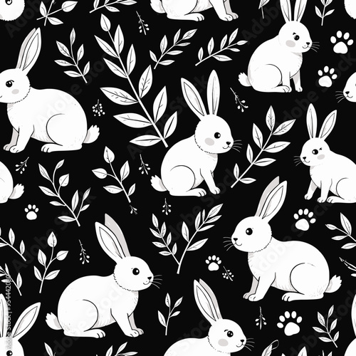 Bunny Pattern: Adorable White Rabbits with Black Outlines and Green Leaves