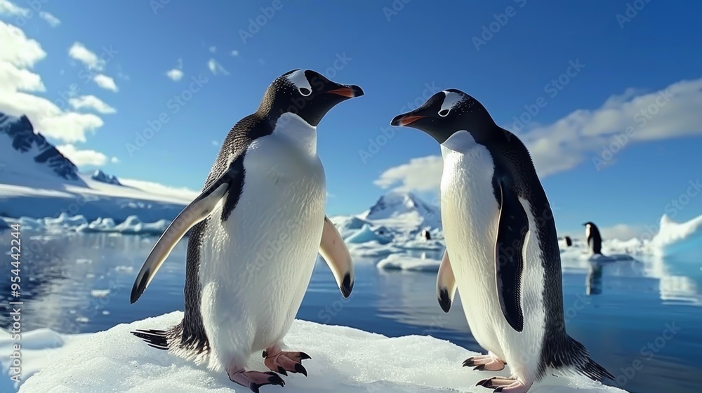 Obraz premium Adorable penguins playing on an iceberg under a bright sunny sky in a snowy landscape