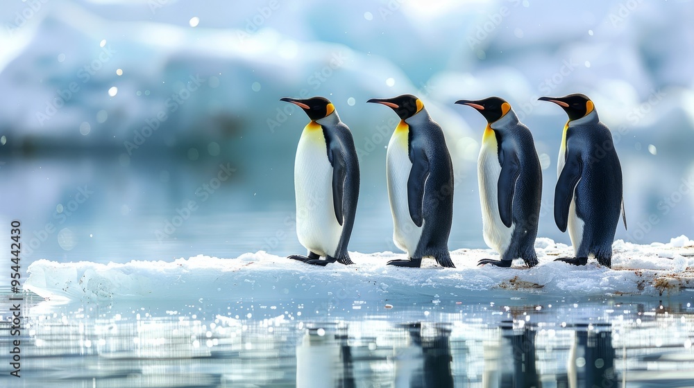 Obraz premium Charming penguins enjoying a sunny, snowy day on an iceberg in the pristine frozen landscape
