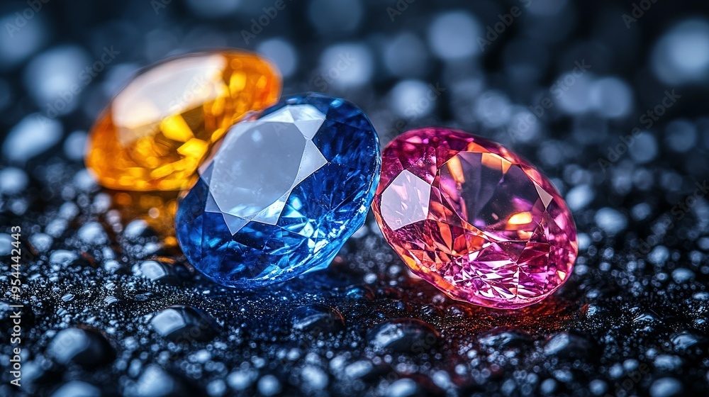 Three Colorful Gemstones on a Black, Wet Surface Three Colorful Gemstones on a Black, Wet Surface