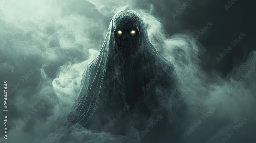 Ghostly apparition, translucent with wisps of fog, and glowing eyes, 3D illustration
