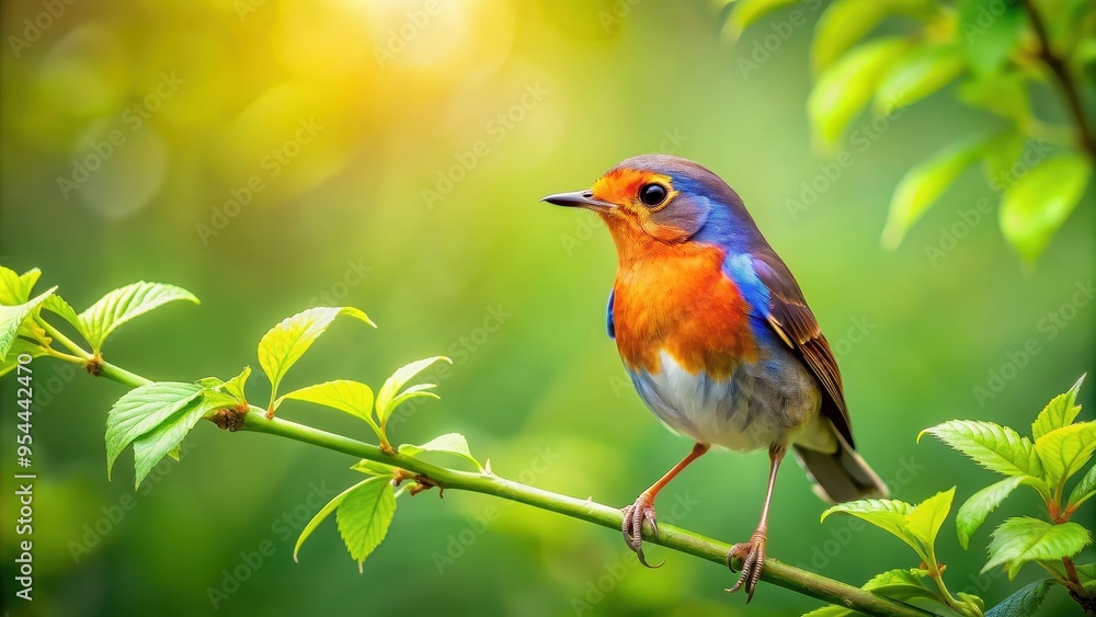 Fototapeta premium Bird perched on a leafy branch in a natural setting, bird, branch, perched, wildlife, nature, greenery, foliage, tree