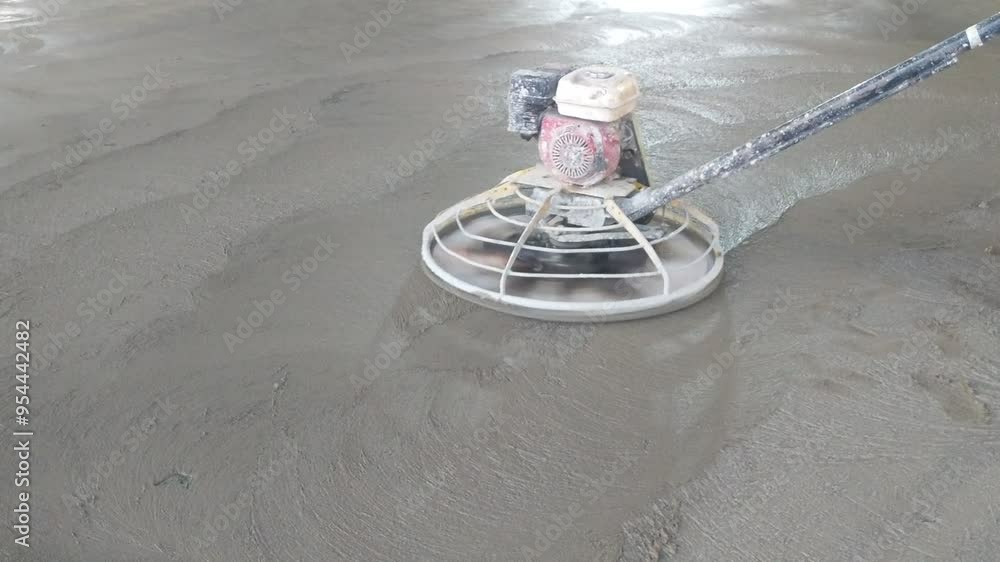 Construction worker produces the grout and finish wet concrete with a special tool. Float blades. For smoothing and polishing concrete, concrete floors