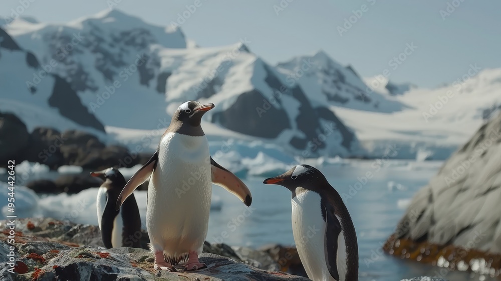Fototapeta premium Adorable penguins relaxing on an iceberg under a bright sunny sky in a snowy wonderland