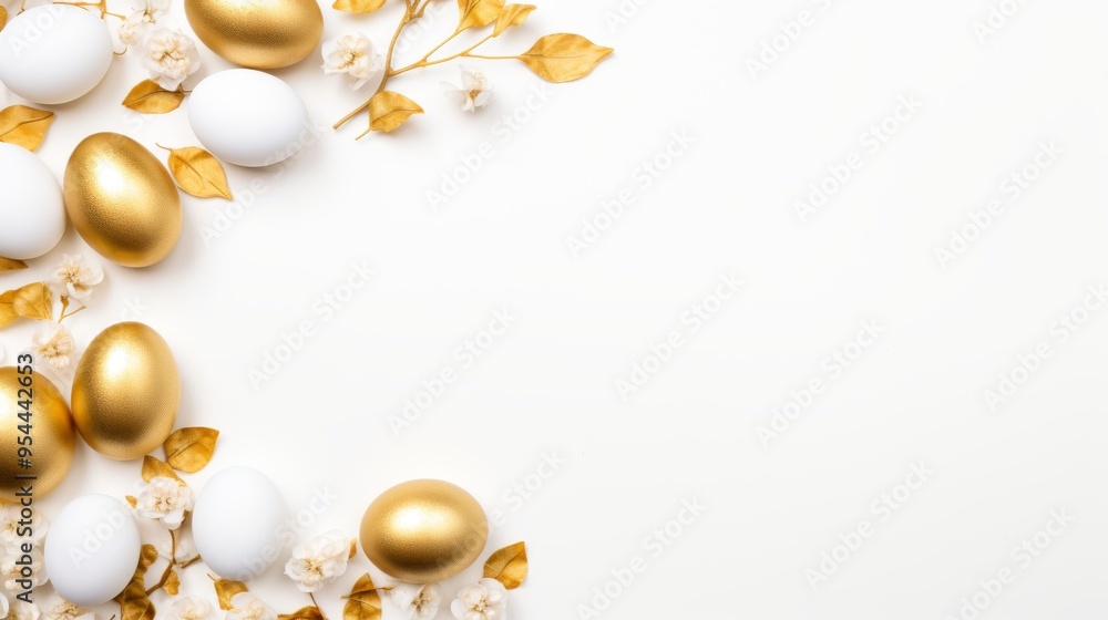 Golden easter eggs frame isolated on white background. Minimalist easter concept with decorative gold eggs. Flat lay top view composition with copy space for holiday greetings or festive designs. Idea Golden easter eggs frame isolated on white background. Minimalist easter concept with decorative gold eggs. Flat lay top view composition with copy space for holiday greetings or festive designs. Idea