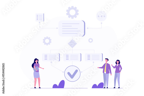 Work flow process, scheme document tiny person concept, efficiency optimization. Vector illustration.