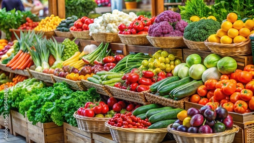 Fresh and colorful fruits and vegetables on display at a market , produce, organic, healthy, nutritious, farm, market