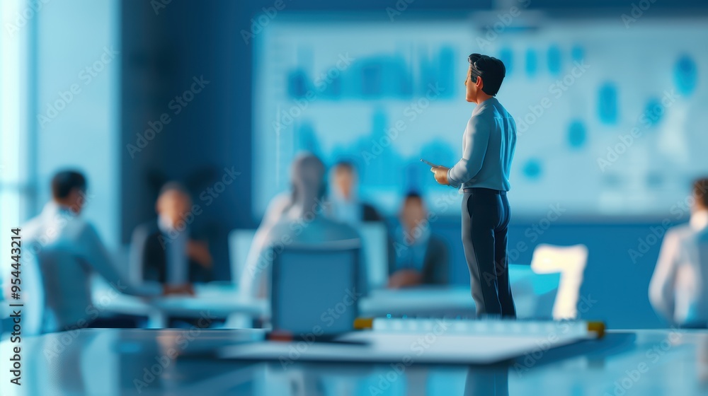 A business presentation in a modern office setting, highlighting a speaker engaging with an attentive audience. A business presentation in a modern office setting, highlighting a speaker engaging with an attentive audience.