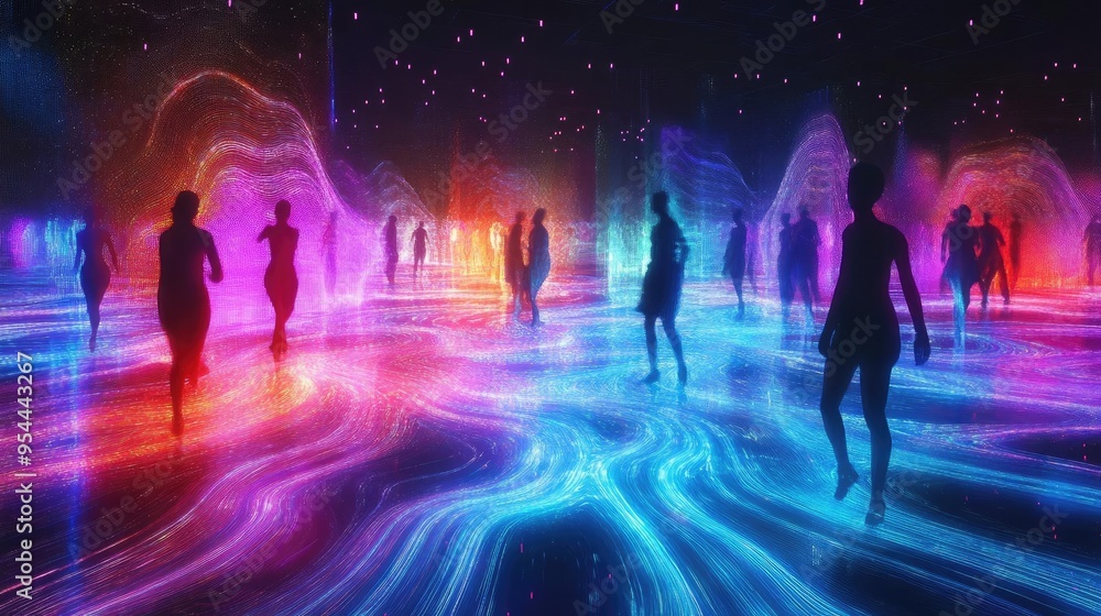 Holographic dance floor, with dancers moving to visible sound waves, digital art, 3D illustration Holographic dance floor, with dancers moving to visible sound waves, digital art, 3D illustration