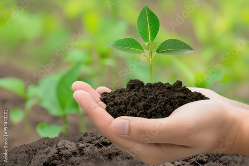 Hand Holding a Young Plant Growing in Soil with Green Background