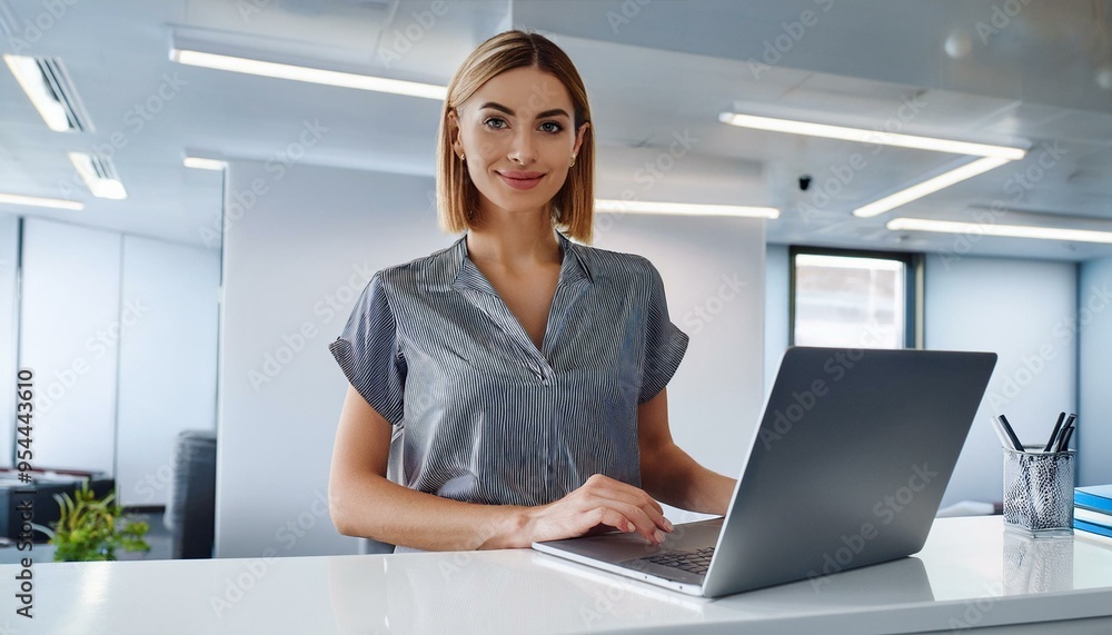 Young Female Receptionist Managing Modern Laptop at Sleek Office Desk Young Female Receptionist Managing Modern Laptop at Sleek Office Desk