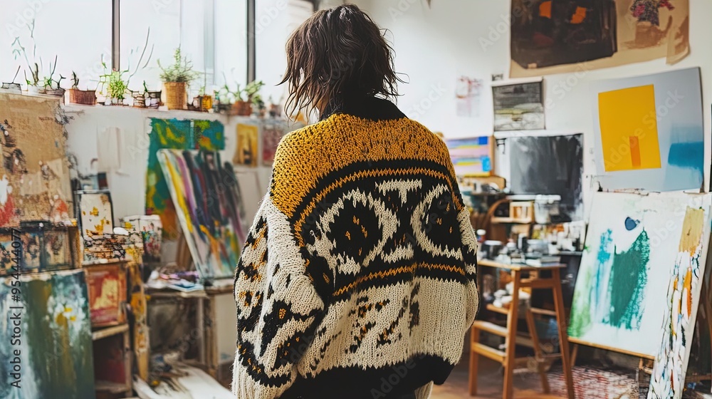 Bold Geometric & Aztec Pattern Chunky Knit Sweater: Perfect Art Studio Vibe for a Stylish Sporty Interior Poster Bold Geometric & Aztec Pattern Chunky Knit Sweater: Perfect Art Studio Vibe for a Stylish Sporty Interior Poster