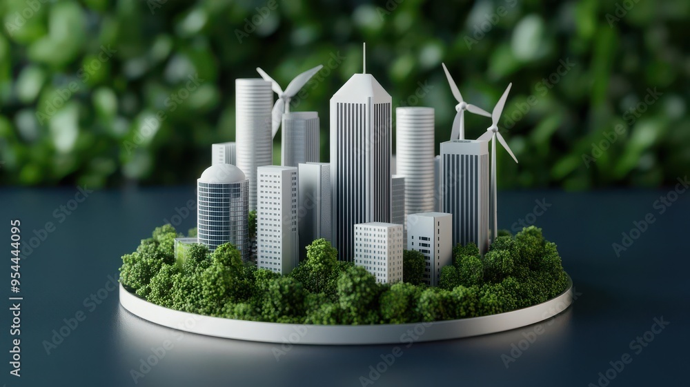 A 3D model of a business ecosystem with green buildings and clean energy sources, Sustainability, Hyperrealistic, Cool colors A 3D model of a business ecosystem with green buildings and clean energy sources, Sustainability, Hyperrealistic, Cool colors