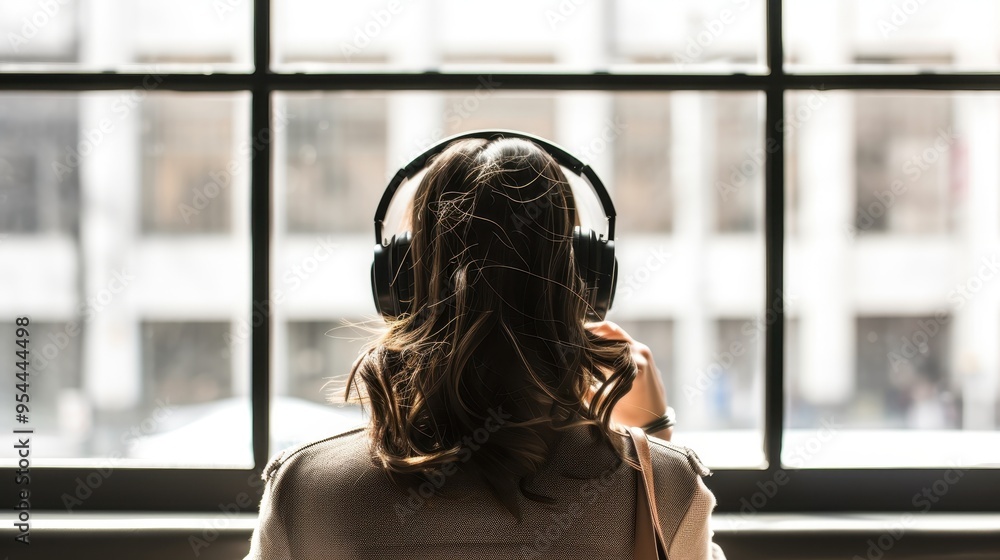 Woman with Headphones Looking Out Window
