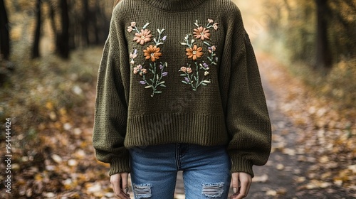 Autumn Elegance: Chunky Olive Green Knit Sweater with Floral Embroidery, Perfect for Fashion Decor Posters Featuring Cozy Fall Vibes in a Leaf-Strewn Forest Setting