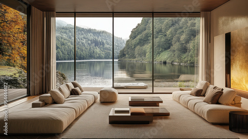 Photorealistic living room with large windows overlooking a river, featuring cozy beige decor