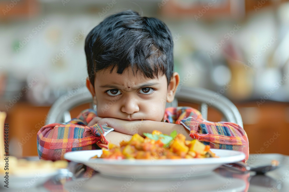 Difficulty problem in feeding children kids healthy food concept. Little dissatisfied upset Indian boy sit at the dinner table in kitchen with a plate of salad vegetables in front of him Difficulty problem in feeding children kids healthy food concept. Little dissatisfied upset Indian boy sit at the dinner table in kitchen with a plate of salad vegetables in front of him