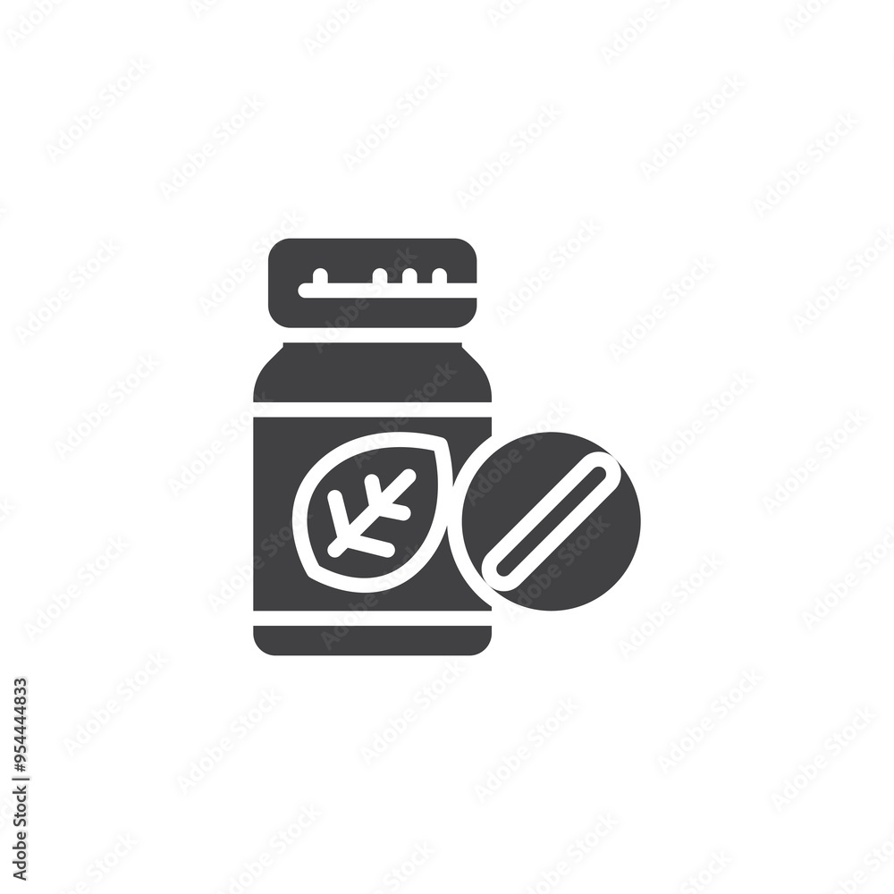 Pill bottle with a leaf vector icon Pill bottle with a leaf vector icon