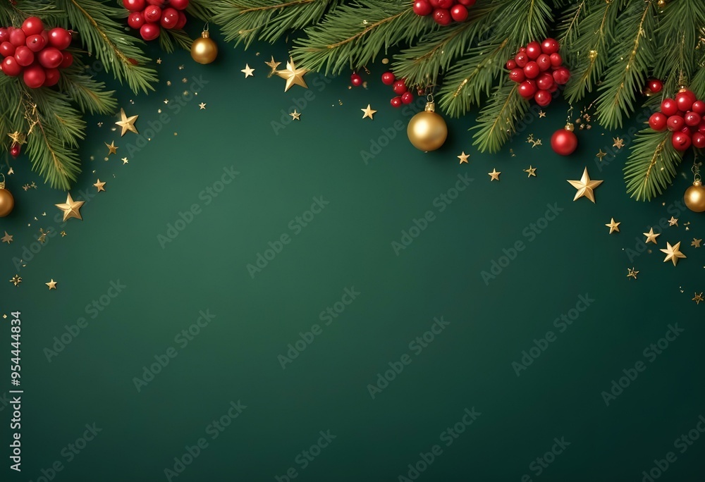 Green pine branches with red berries, gold ornaments, and stars on a dark green background. Green pine branches with red berries, gold ornaments, and stars on a dark green background.