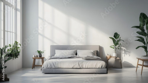 Photorealistic minimalist bedroom, grey bed frame, light grey bed accent wall, clean white