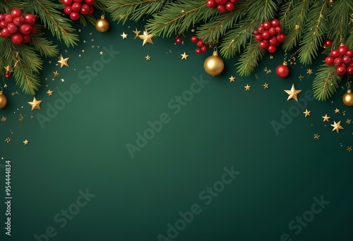 Green pine branches with red berries, gold ornaments, and stars on a dark green background.