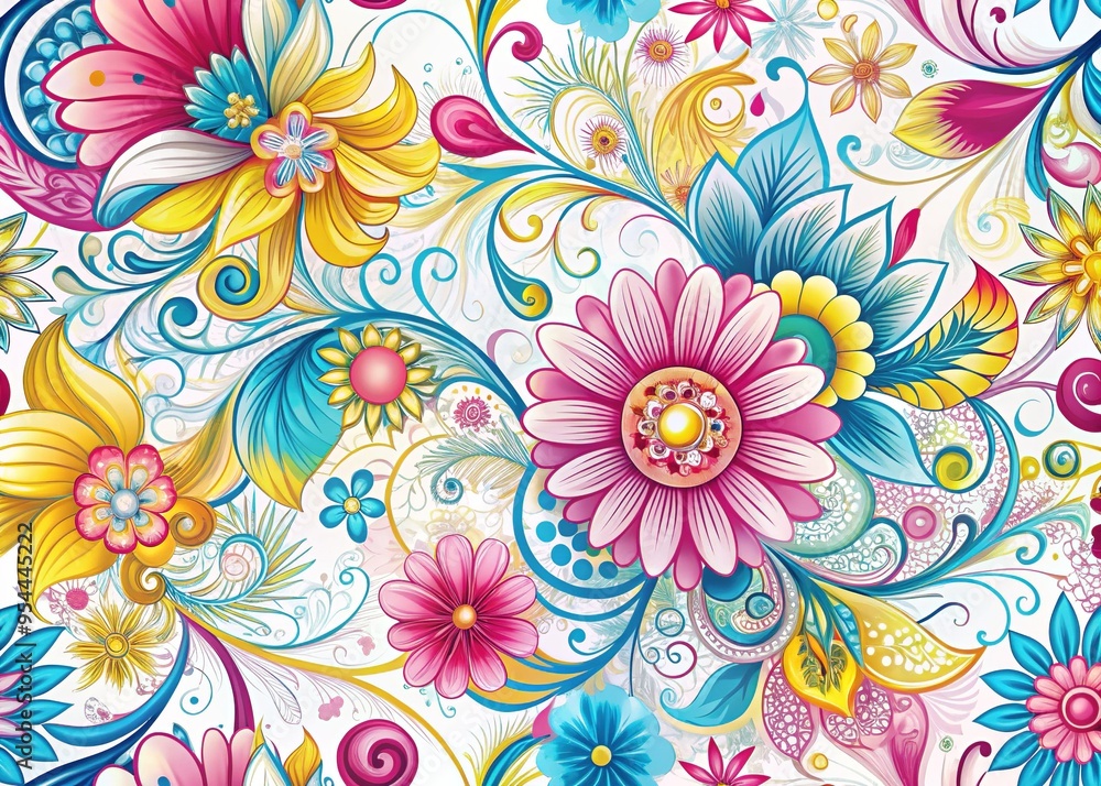 Vibrant, intricately drawn floral patterns and blooming flowers in shades of pink, yellow, and blue swirl together in a whimsical, abstract digital design on a white background. Vibrant, intricately drawn floral patterns and blooming flowers in shades of pink, yellow, and blue swirl together in a whimsical, abstract digital design on a white background.