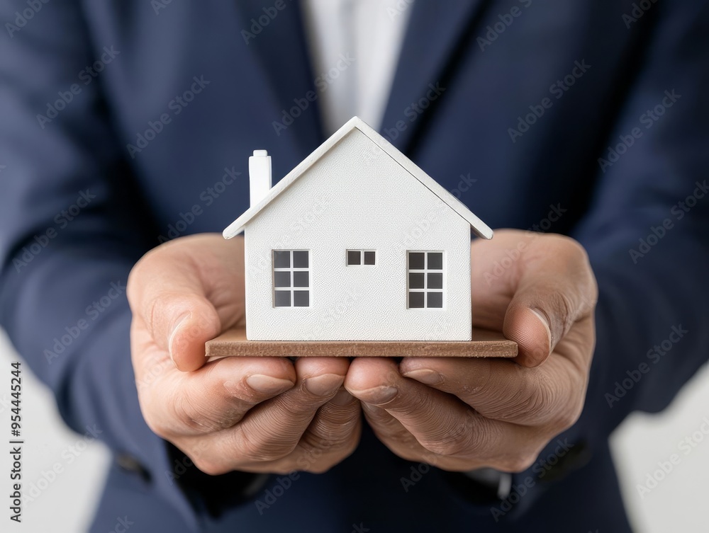 Businessman holding a miniature house and a global map, International mortgage market, real estate finance Businessman holding a miniature house and a global map, International mortgage market, real estate finance