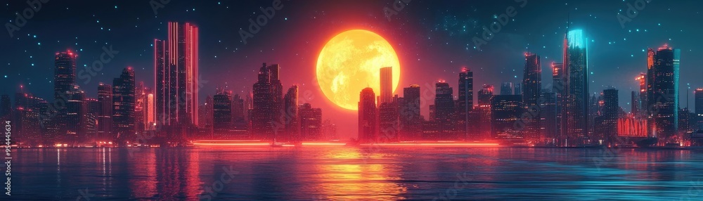 Fototapeta premium Neon city under a digital moon, with glowing rivers and futuristic buildings, digital art, 3D illustration
