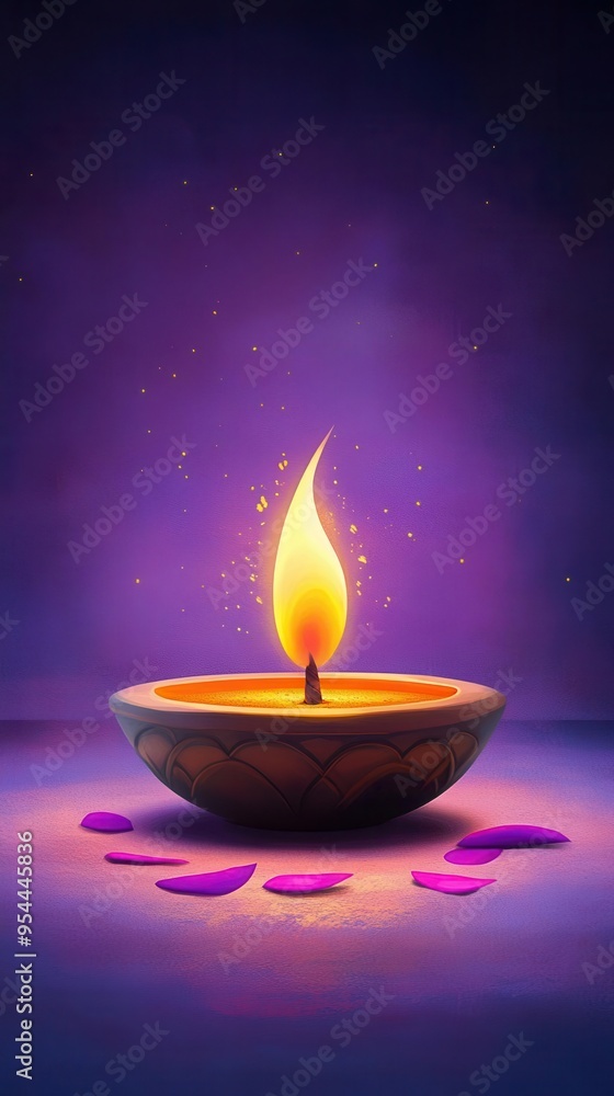 Elegant lit oil lamp surrounded by petals against a serene purple backdrop, representing tranquility and spirituality. Elegant lit oil lamp surrounded by petals against a serene purple backdrop, representing tranquility and spirituality.