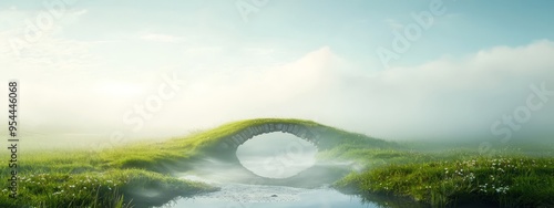  A bridge in a foggy field, grass-lined sides, watery middle photo