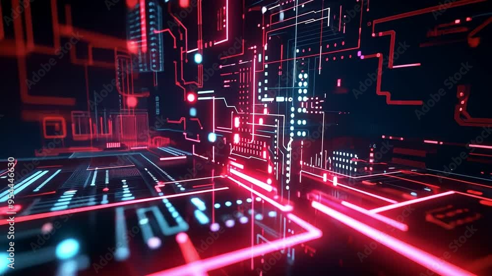 Futuristic digital circuit background in red and blue hues, technology and innovation in a modern digital world. Futuristic digital circuit background in red and blue hues, technology and innovation in a modern digital world.