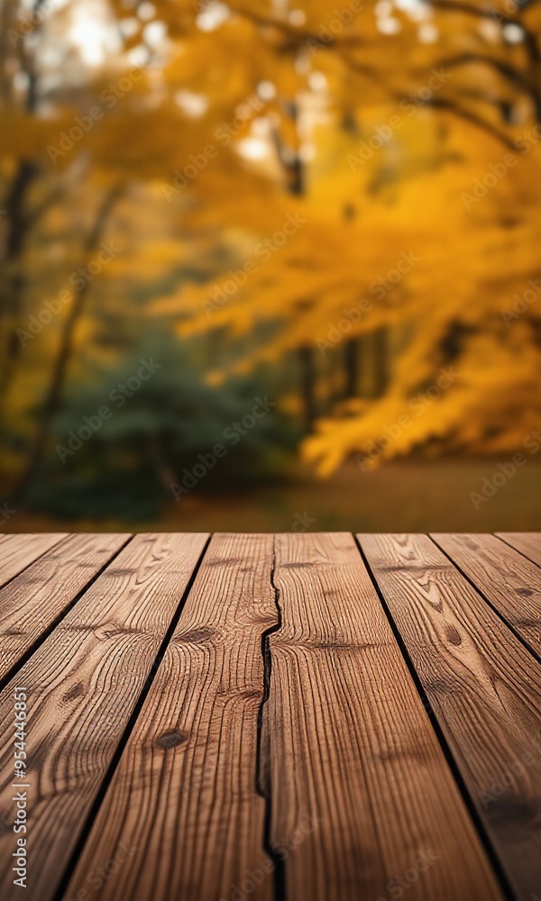Fototapeta premium empty wooden table with autumn leaves on the background