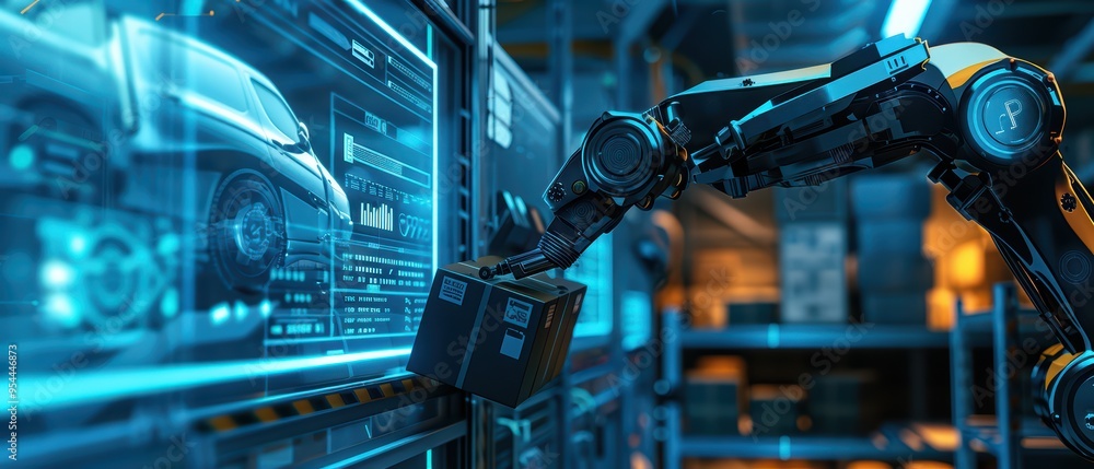 A robotic arm efficiently handles packages in a modern warehouse, showcasing advanced automation and technology integration. A robotic arm efficiently handles packages in a modern warehouse, showcasing advanced automation and technology integration.