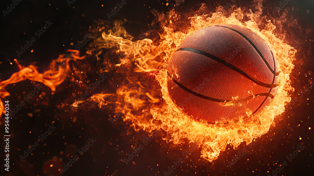 Epic Basketball on Fire Against Dark, Background Intense Sports Drama Epic Basketball on Fire Against Dark, Background Intense Sports Drama