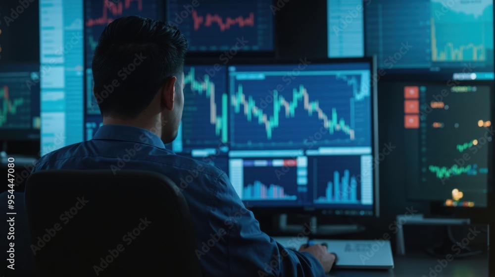 A person evaluates financial statistics on diverse screens in the dark A person evaluates financial statistics on diverse screens in the dark