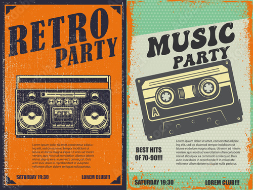 Retro party. Poster template with retro style boombox, microphone. Design element for banner, sign, flyer. Vector illustration