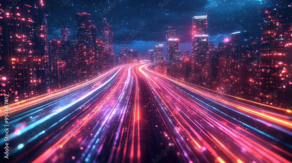 Time-lapse city lights at night, creating trails of neon and stars, digital art, 3D illustration Time-lapse city lights at night, creating trails of neon and stars, digital art, 3D illustration