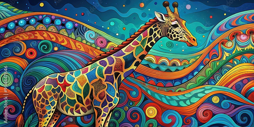 Vibrant, whimsical illustration of a giraffe's body composed of swirling, abstract shapes and colors, blending African tribal patterns with modern artistic flair. Vibrant, whimsical illustration of a giraffe's body composed of swirling, abstract shapes and colors, blending African tribal patterns with modern artistic flair.