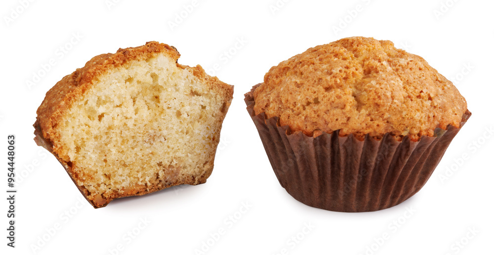 Whole and half muffin isolated on white background. Whole and half muffin isolated on white background.
