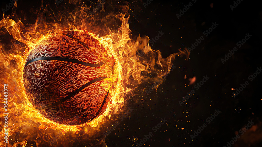 Epic Basketball on Fire Against Dark, Background Intense Sports Drama Epic Basketball on Fire Against Dark, Background Intense Sports Drama