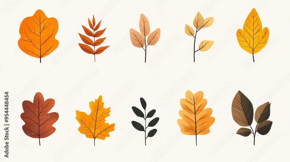 Flat design vector autumn leaves icon set simple shapes and solid colors orange yellow and brown tones modern and clean aesthetic Flat design vector autumn leaves icon set simple shapes and solid colors orange yellow and brown tones modern and clean aesthetic