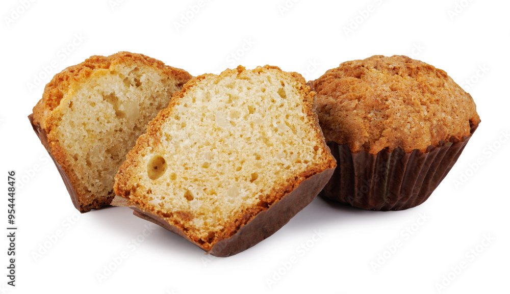Whole and half muffin isolated on white background. Whole and half muffin isolated on white background.