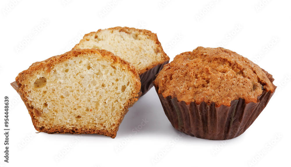 Whole and half muffin isolated on white background. Whole and half muffin isolated on white background.