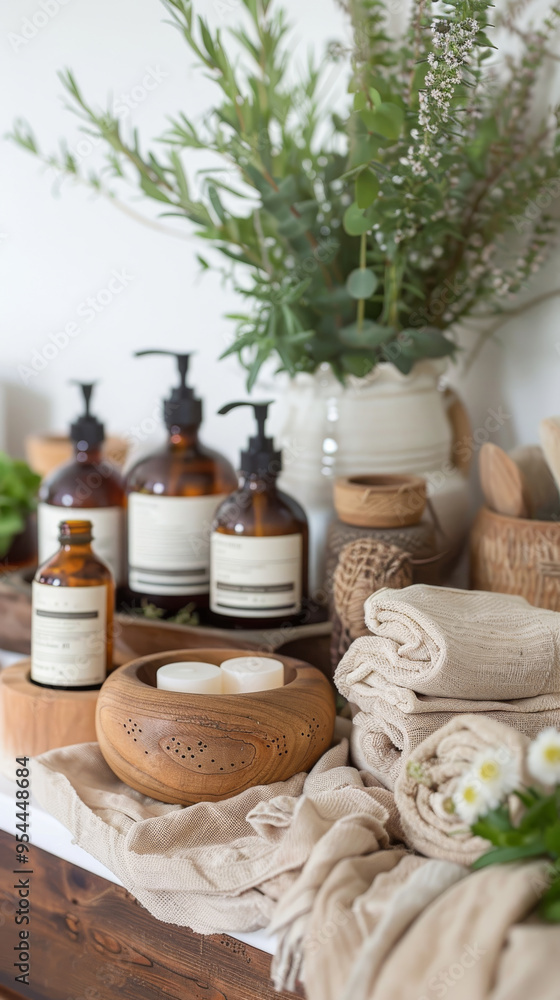 This arrangement features glass and bamboo containers filled with natural cosmetics, complemented by wooden jars and cloth towels, promoting eco-conscious living This arrangement features glass and bamboo containers filled with natural cosmetics, complemented by wooden jars and cloth towels, promoting eco-conscious living
