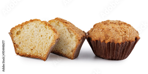 Whole and half muffin isolated on white background.