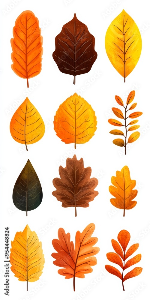 Flat design vector autumn leaves icon set simple shapes and solid colors orange yellow and brown tones modern and clean aesthetic Flat design vector autumn leaves icon set simple shapes and solid colors orange yellow and brown tones modern and clean aesthetic