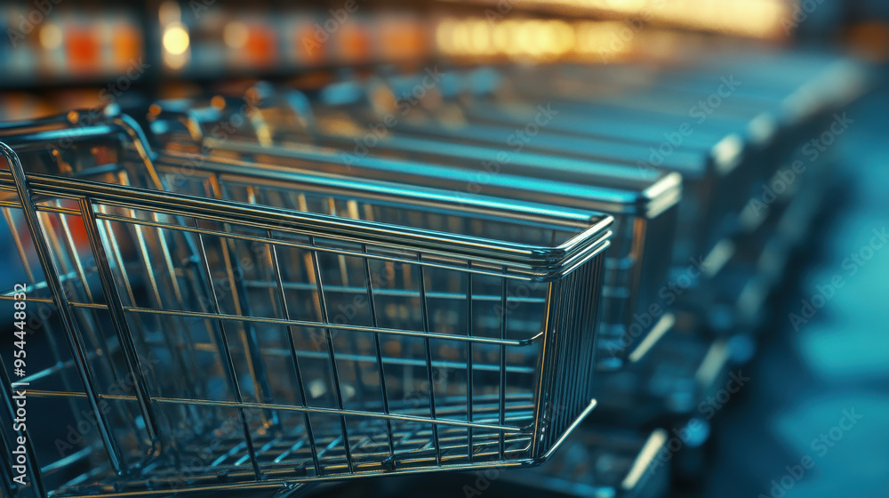 Photorealistic scene of multiple shopping carts neatly aligned in a row, reflecting the Photorealistic scene of multiple shopping carts neatly aligned in a row, reflecting the