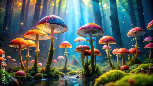 Enchanting image of colorful mushrooms growing in an underwater forest setting, mushrooms, forest, underwater, wonderland