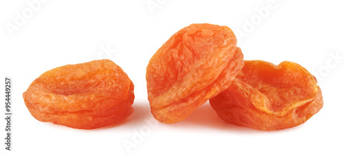 Three dried apricots isolated on a white background. Dried apricots.