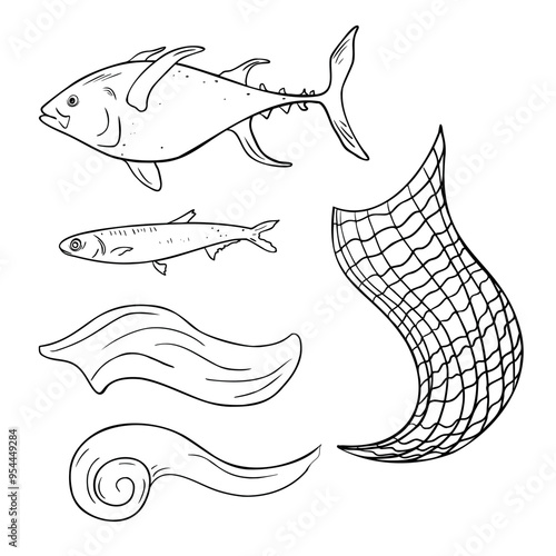 Tuna and anchovy black and white vector illustration isolated. Big and small sea fishes hand drawn ink silhouette. Set of sea waves and fishing net contour. Seafood set in line art for package.